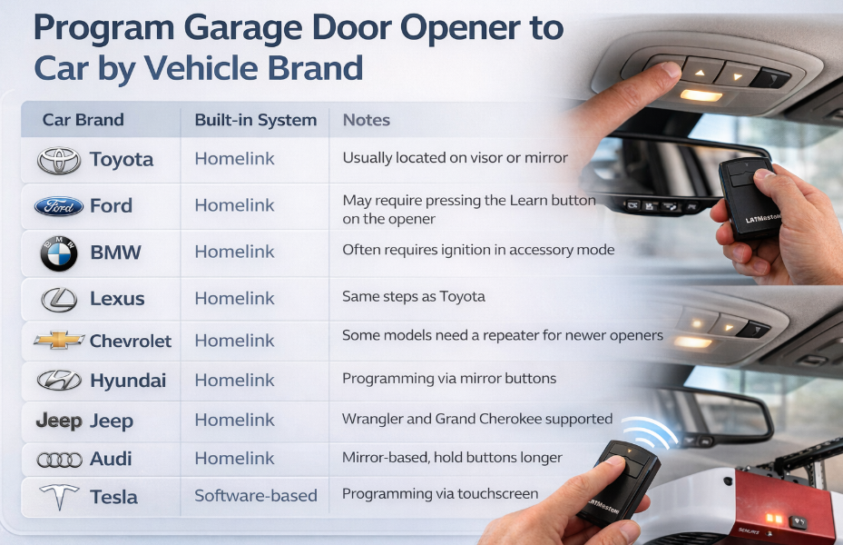 Program Garage Door Opener to Car by Vehicle Brand Toyota . Ford. BMW. Lexus. Chevrolet