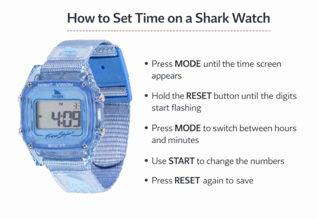 how do you set the time on a shark watch