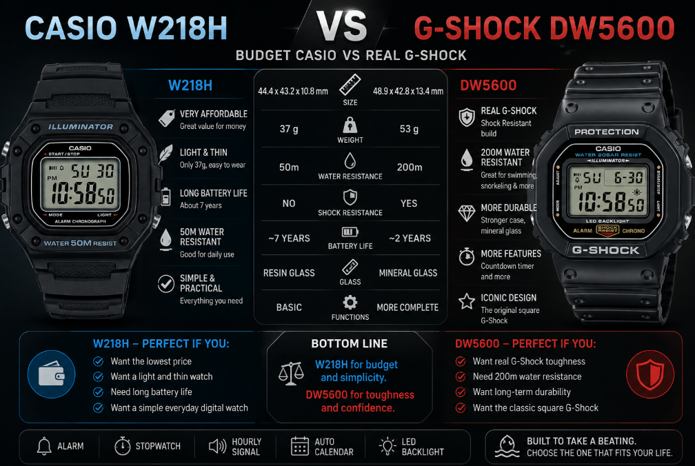 G-Shock DW5600 vs Casio W218H