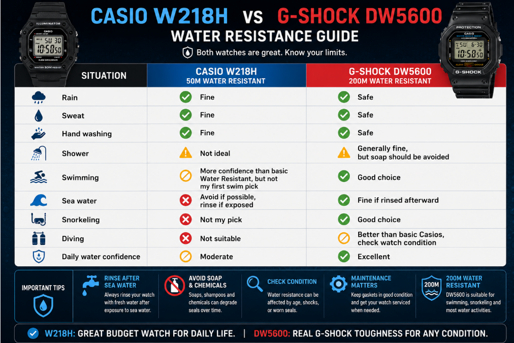 Water Resistance casio W218H vs G-Shock DW5600