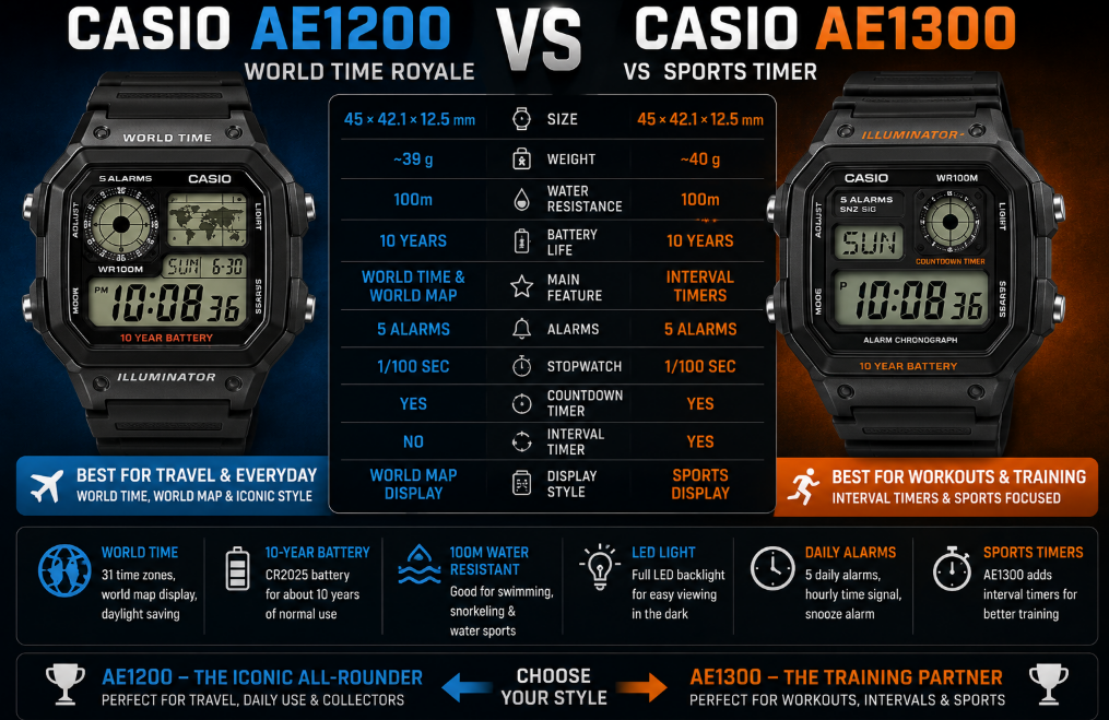 illuminator  Casio AE1300 vs AE1200 world Time 