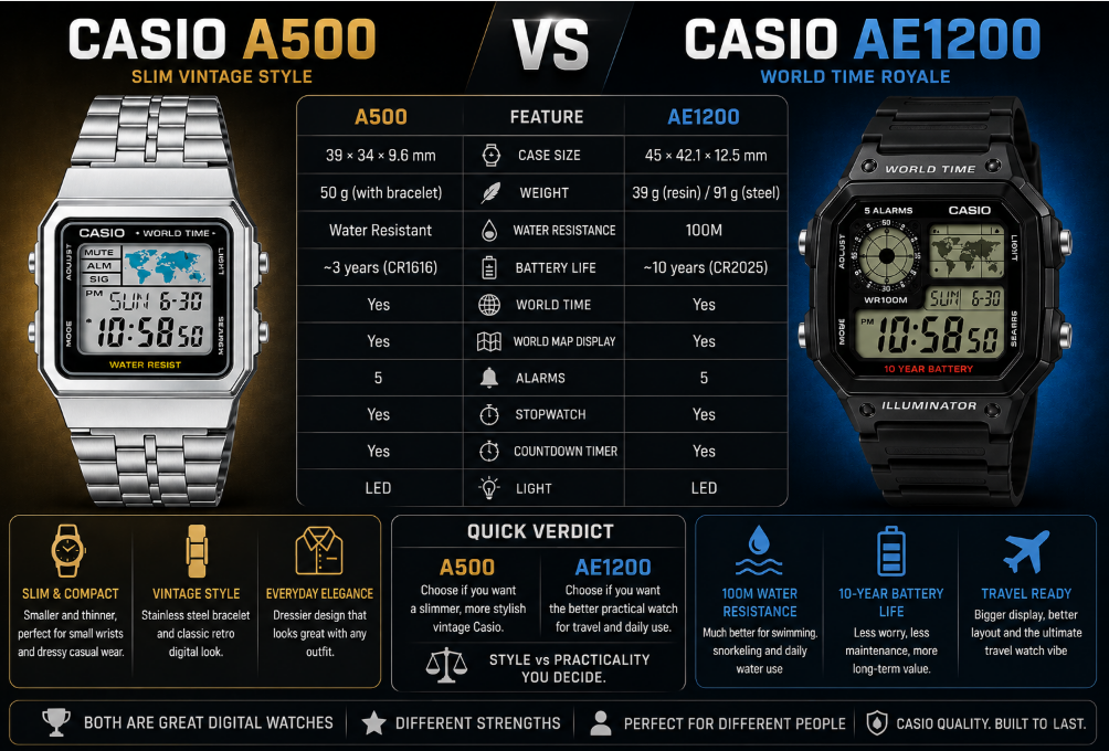 Casio A500 vs Casio AE1200 world time