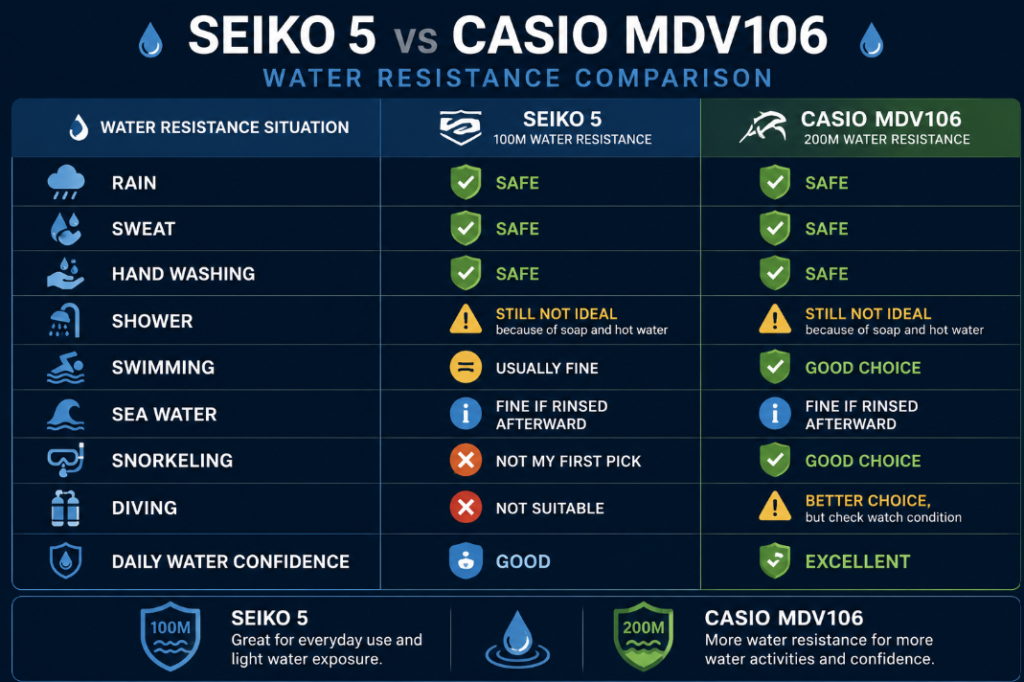 Casio MDV106 vs SEIKO 5 Water Resistance