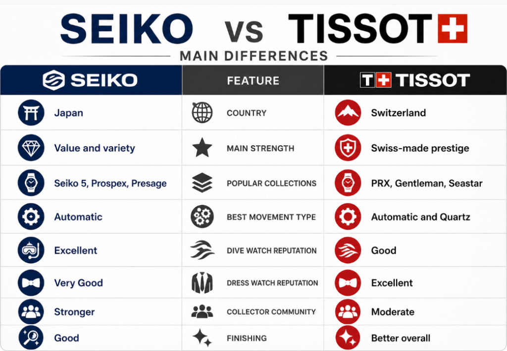 tissot vs seiko Main Differences
