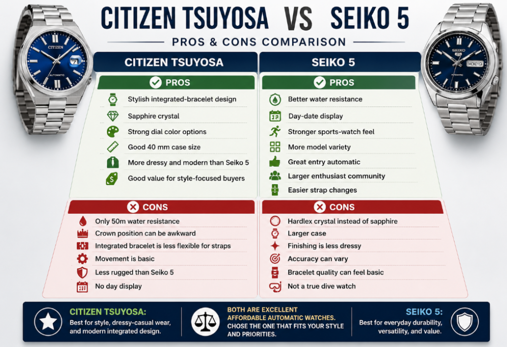 Pros and Cons Citizen Tsuyosa vs seiko 5