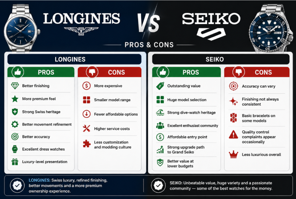 Pros and Cons seik vs longines