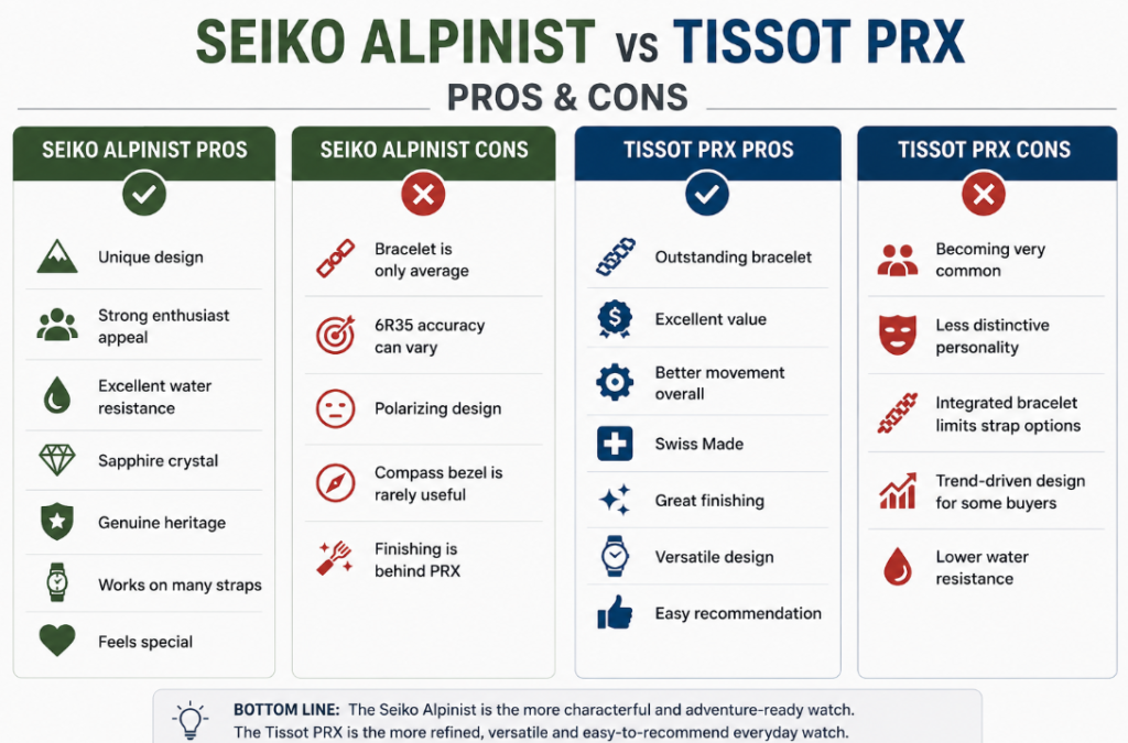 Tissot prx vs Seiko Alpinist cons and pros