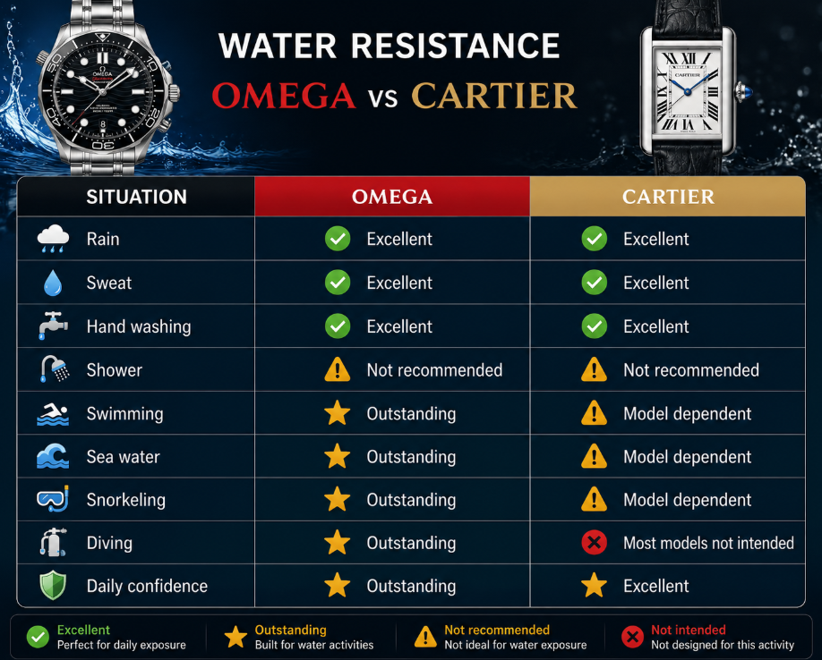Water Resistance omega vs cartier