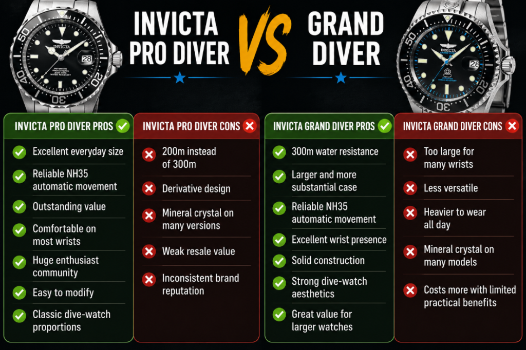 Pros and Cons Invicta Pro Diver versus Invicta Grand Diver Pros