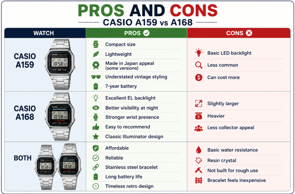 Pros and Cons casio a159 vs casio a168