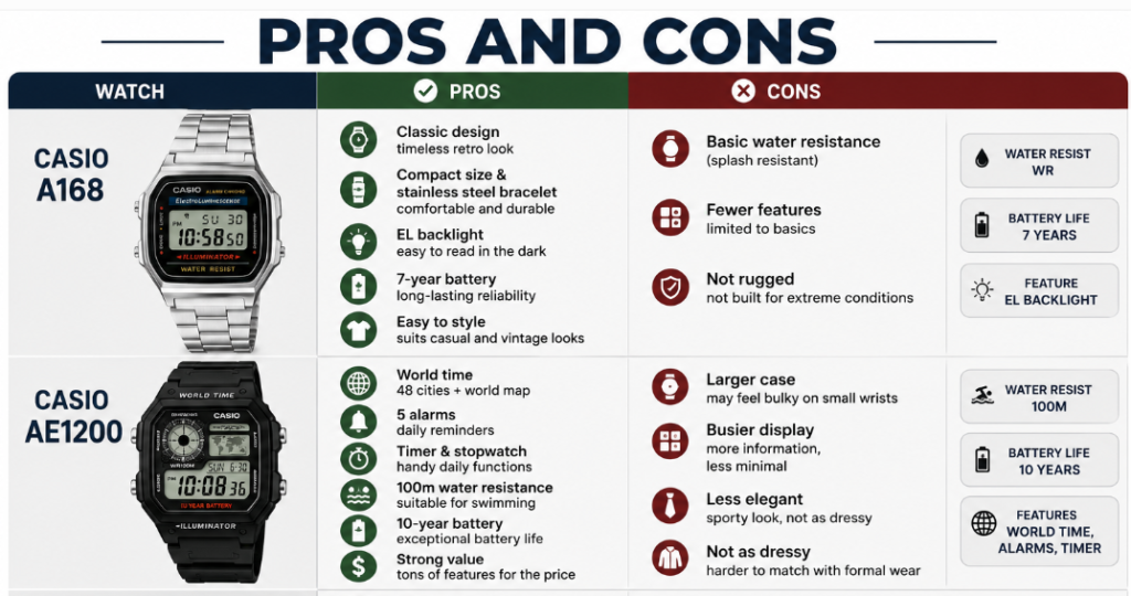 Pros and Cons casio ae1200 vs a168