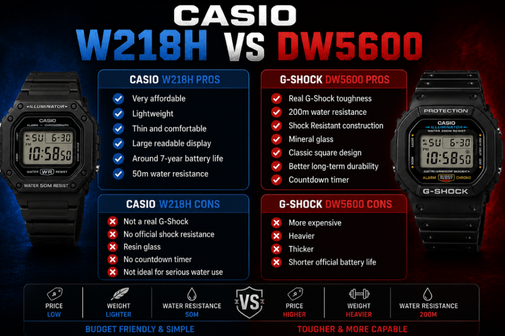 Casio W218H vs DW5600 pros and cons