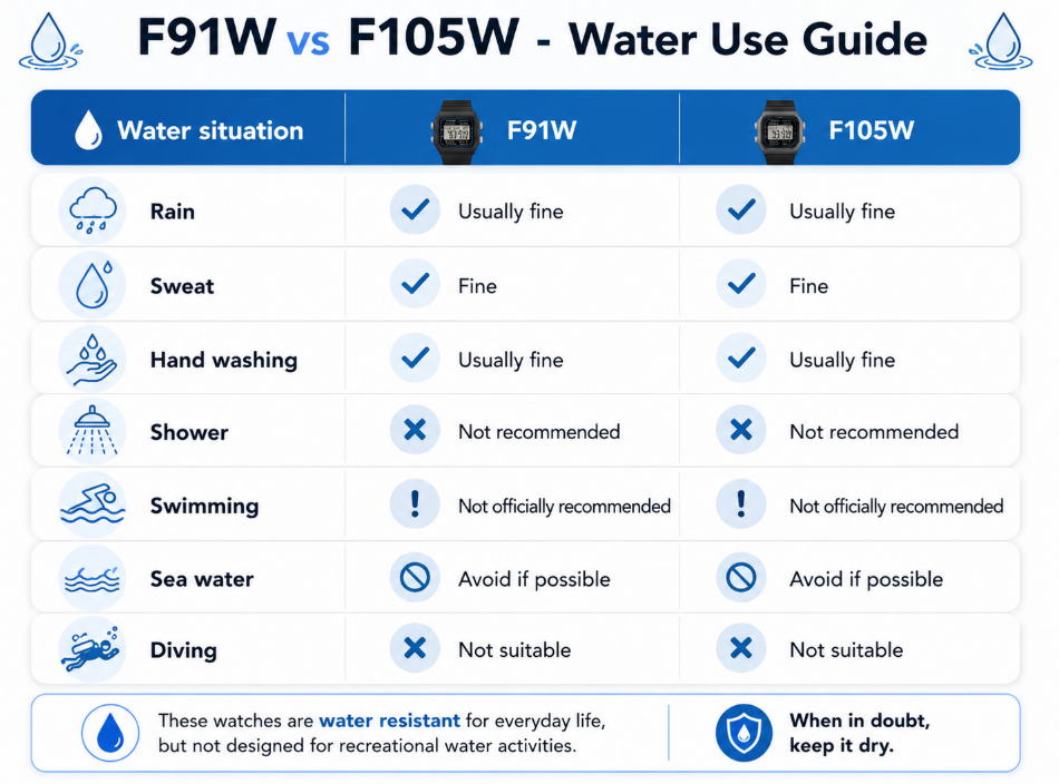 f91w vs f105w Water Resistance casio illuminator