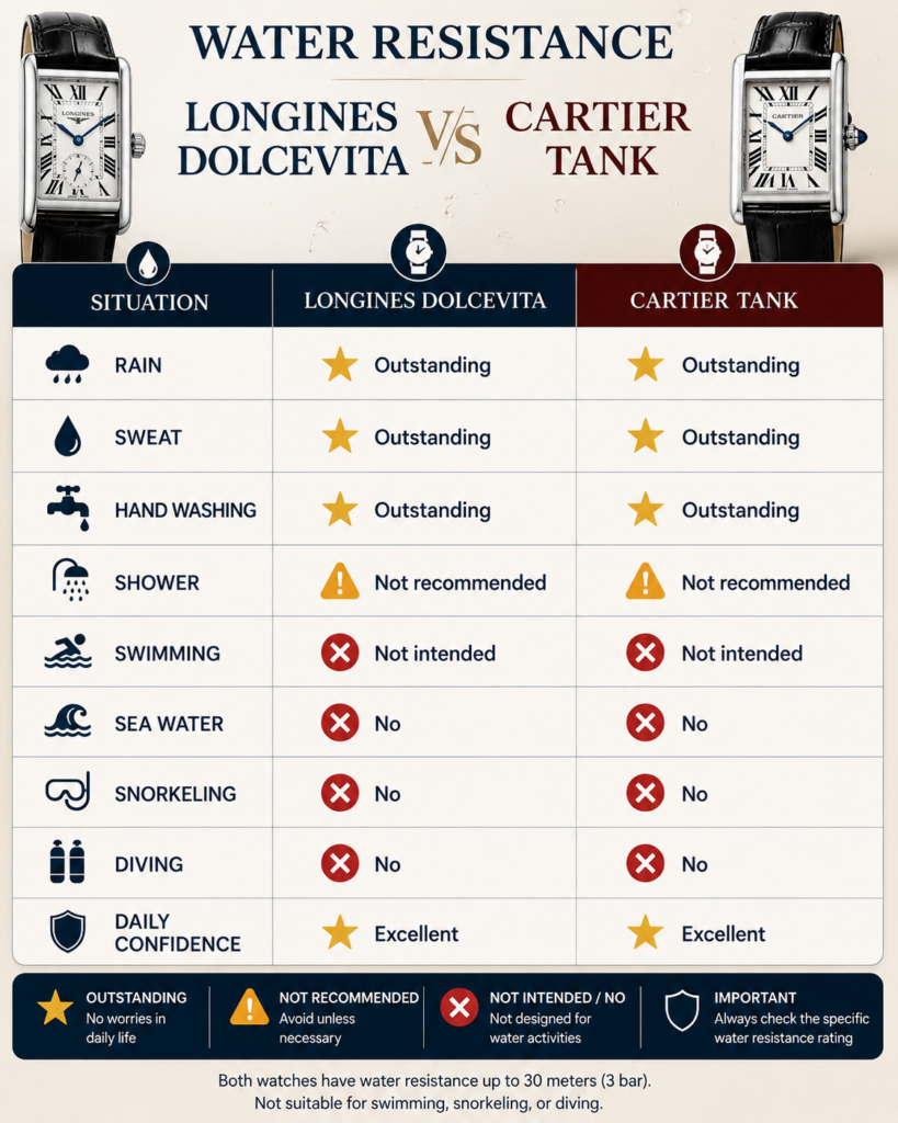 Longines DolceVita vs Cartier Tank Water Resistance