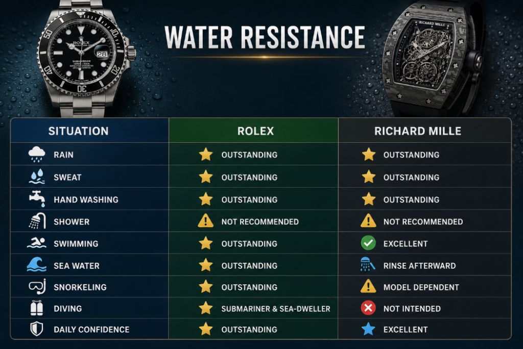 Water Resistance Richard Mille vs Rolex