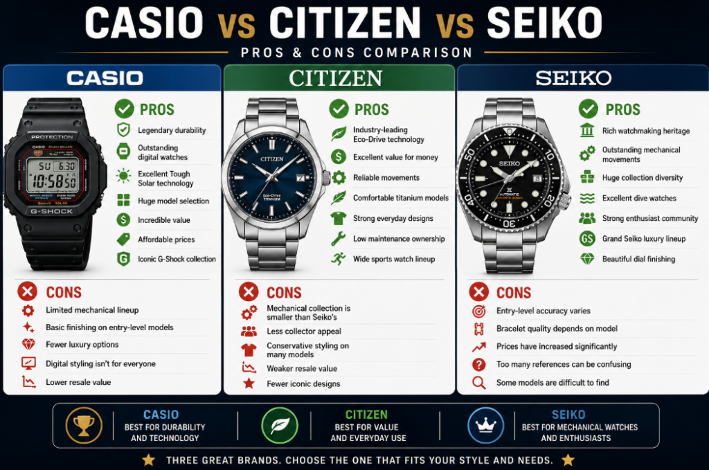 Seiko vs Citizen vs Casio Pros and Cons