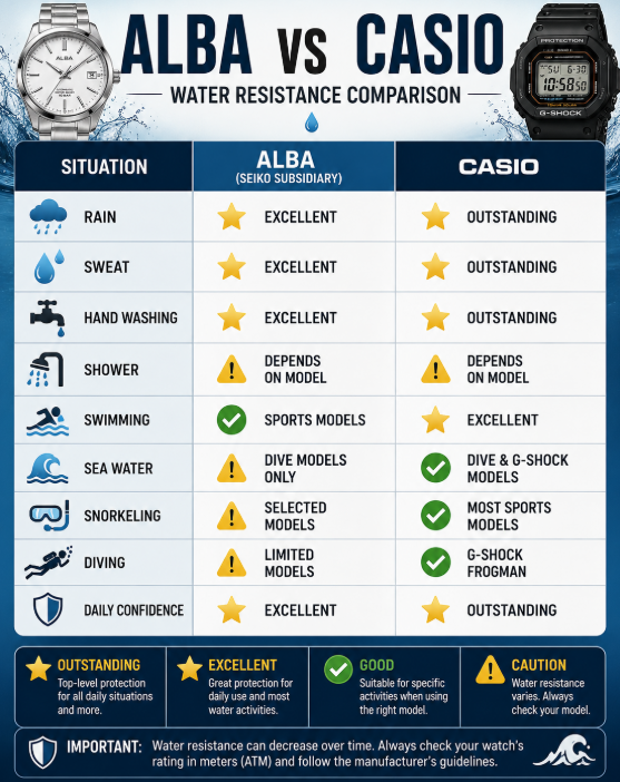 Water Resistance Alba vs Casio