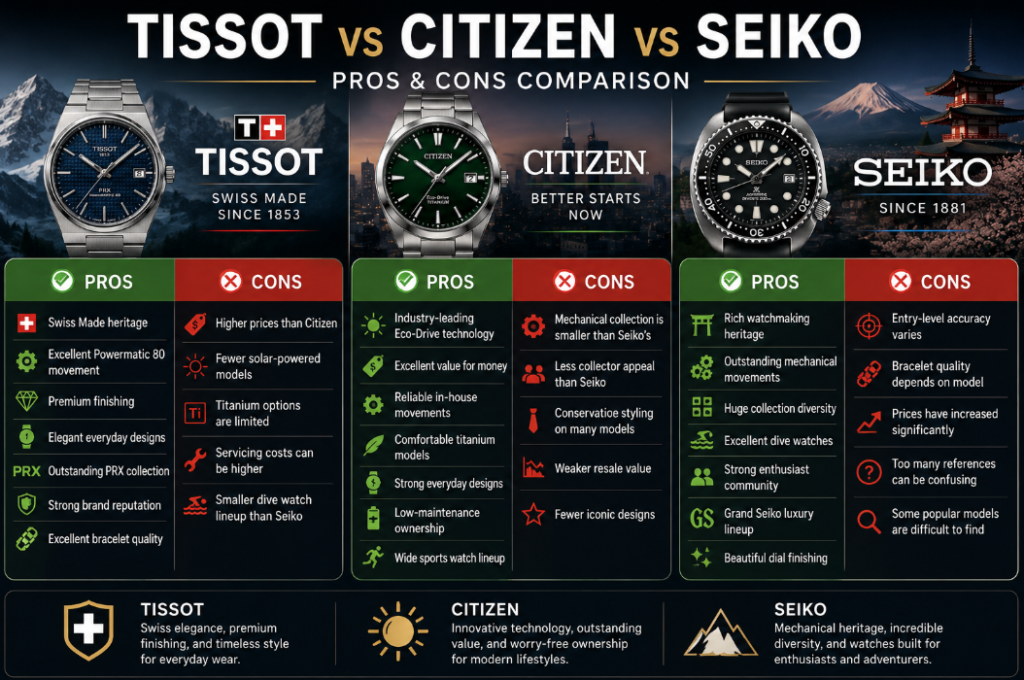 Pros and Cons Tissot vs Seiko vs Citizen