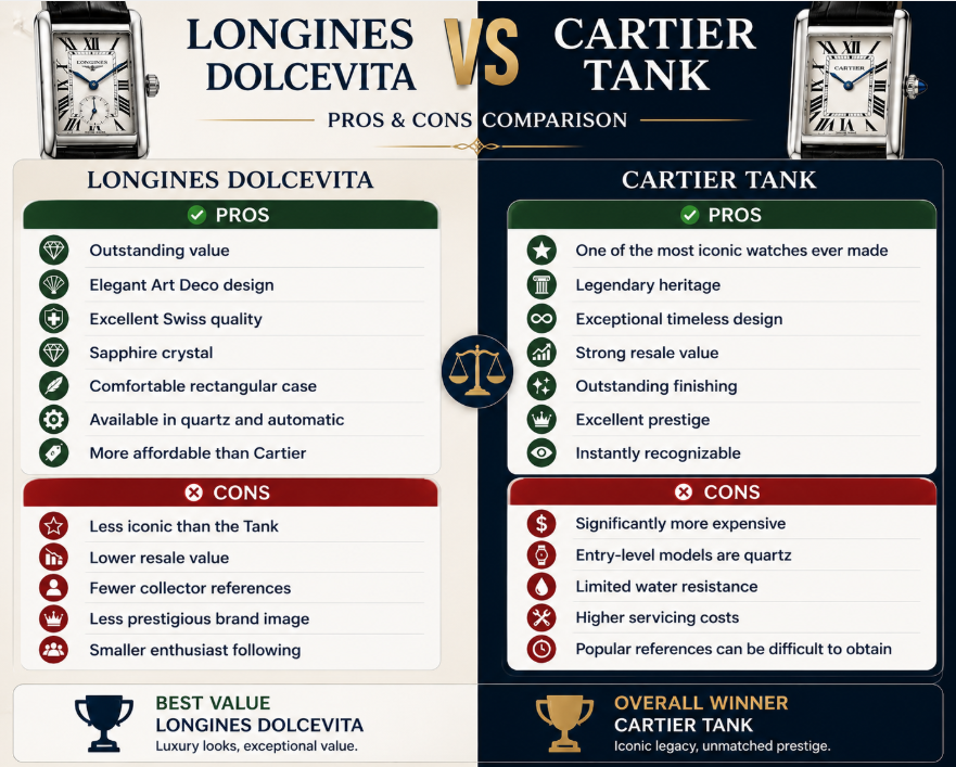 Cartier Tank vs Longines DolceVita Pros and Cons