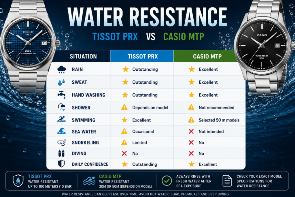 Water Resistance Tissot PRX vs Casio MTP