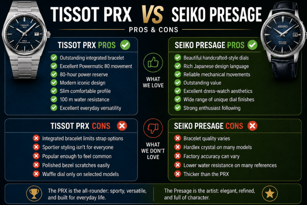 Pros and Cons Seiko Presage vs Tissot PRX
