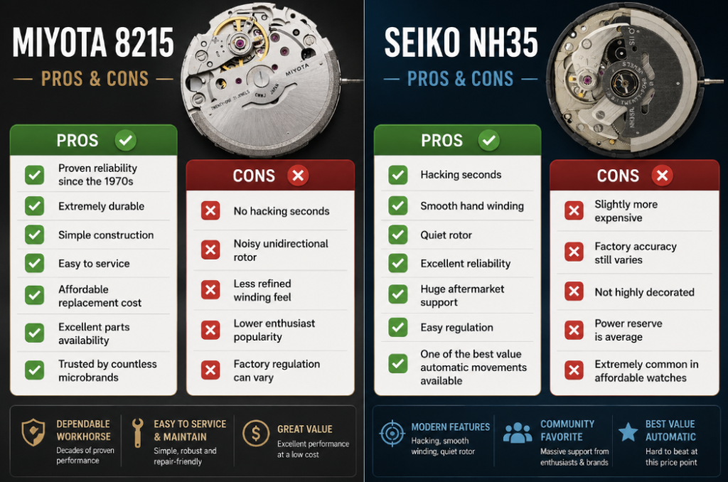 Pros and cons Seiko NH35 vs Miyota 8215