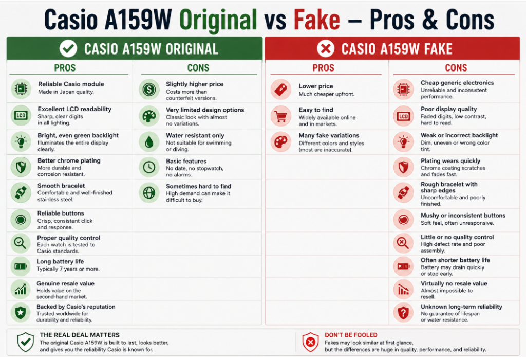 Casio A159W Original vs Fake pros and cons