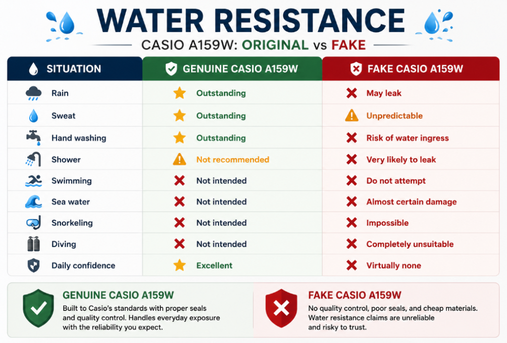 Casio A159W Original vs Fake Water Resistance