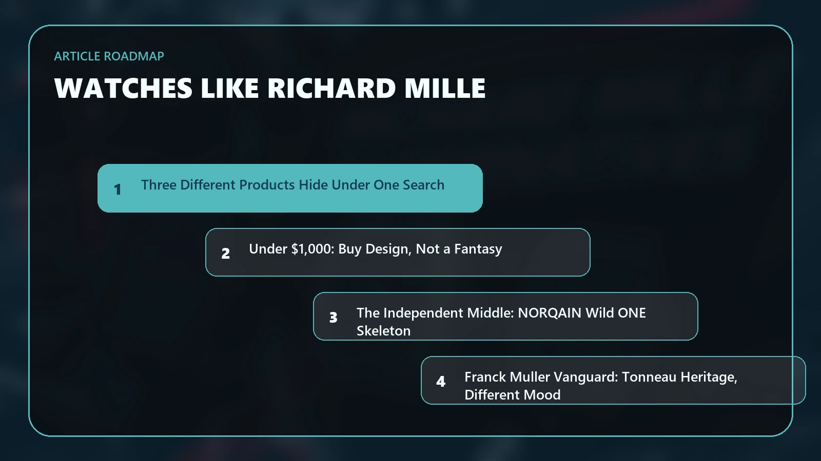 Article roadmap for Watches Like Richard Mille: From Affordable Tonneau Designs to True High-End Rivals