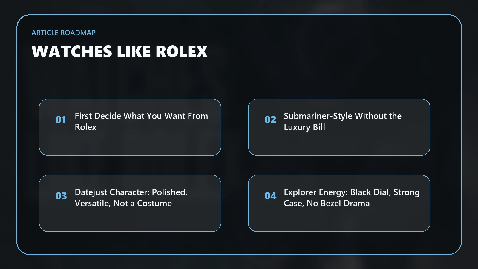 Article roadmap for Watches Like Rolex: The Best Alternatives Without Buying a Copy